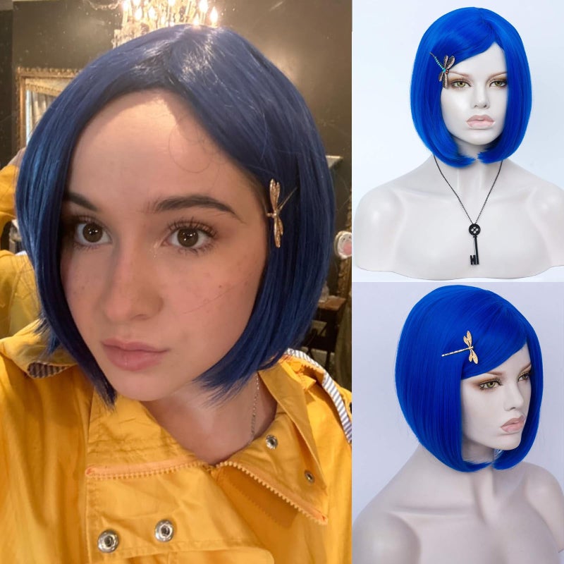 MORTICIA Short Straight Blue Women Bob Full Bang with Gold Dragonfly Hairpin (Adult) - Image 2